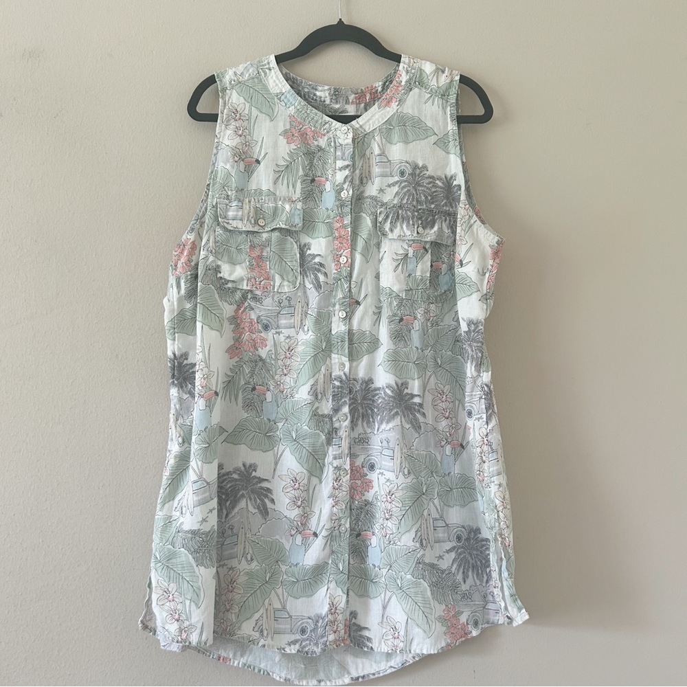 C&C California Sleeveless Linen Hawaiian Print Tunic